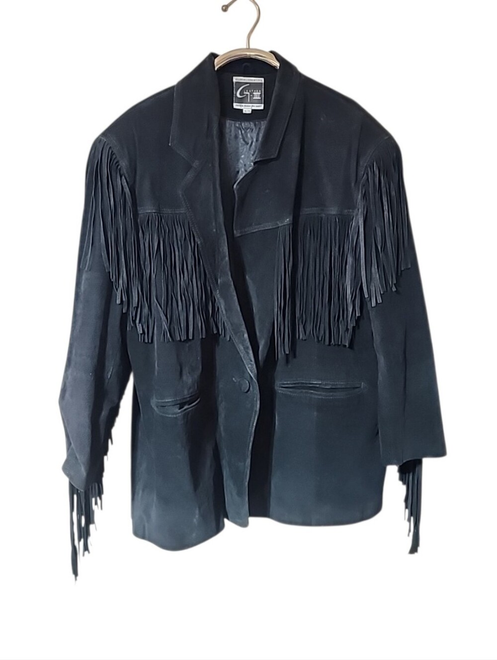 Vintage G-III Global Identity Black Suede Leather Fringe Jacket Size 18/20 - Picture 3 of 10
